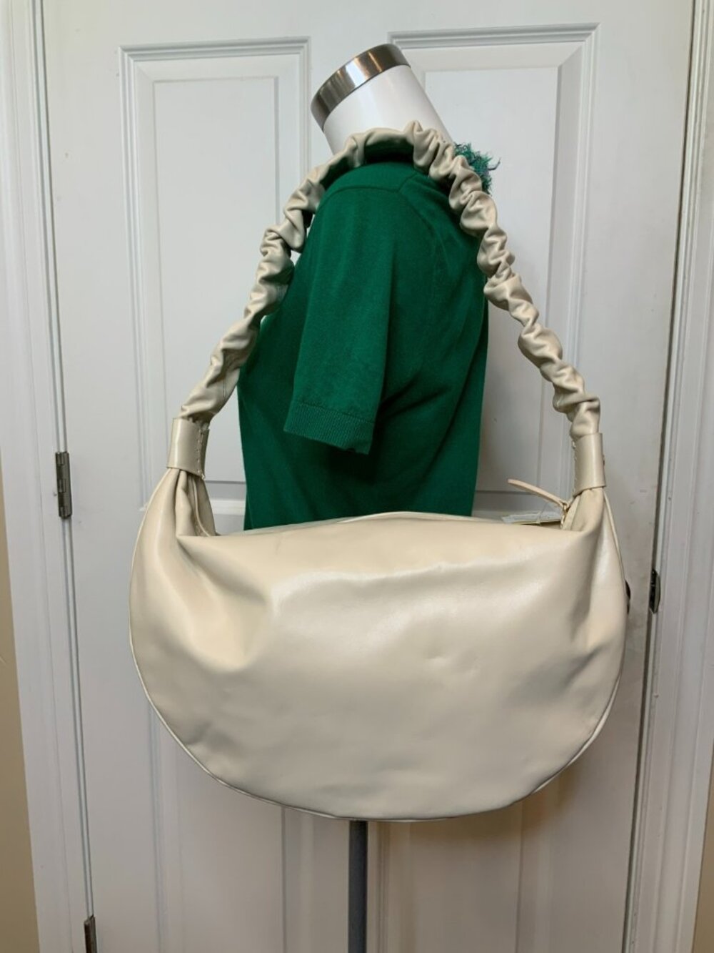 Amerai Light Cream Leather Scrunched Handle Half Moon Hobo Bag Purse